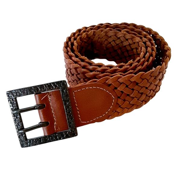 Vintage 90s Cognac Brown Braided Leather Belt L Woven Square Buckle Bohemian